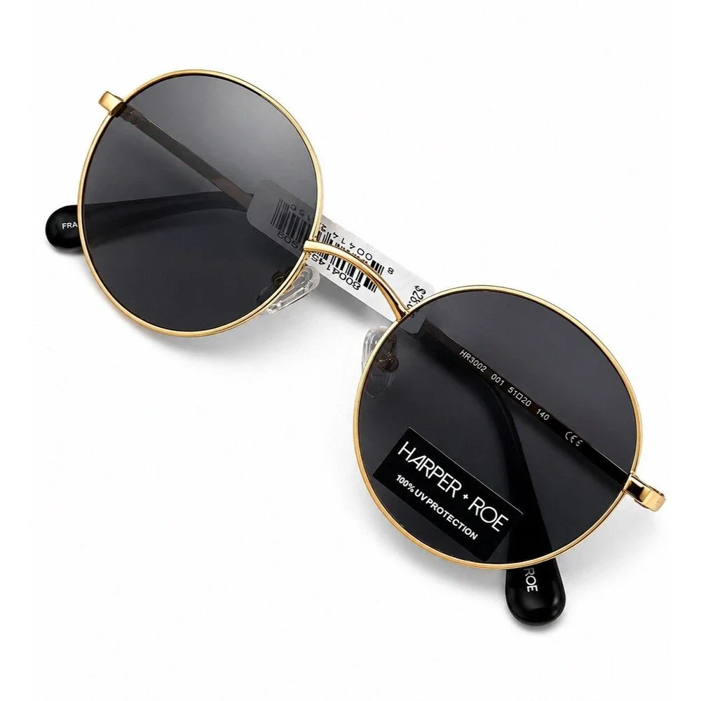 Harper + Roe Round Gold Tone Sunglasses Black Lenses Retro Boho Festival NWT